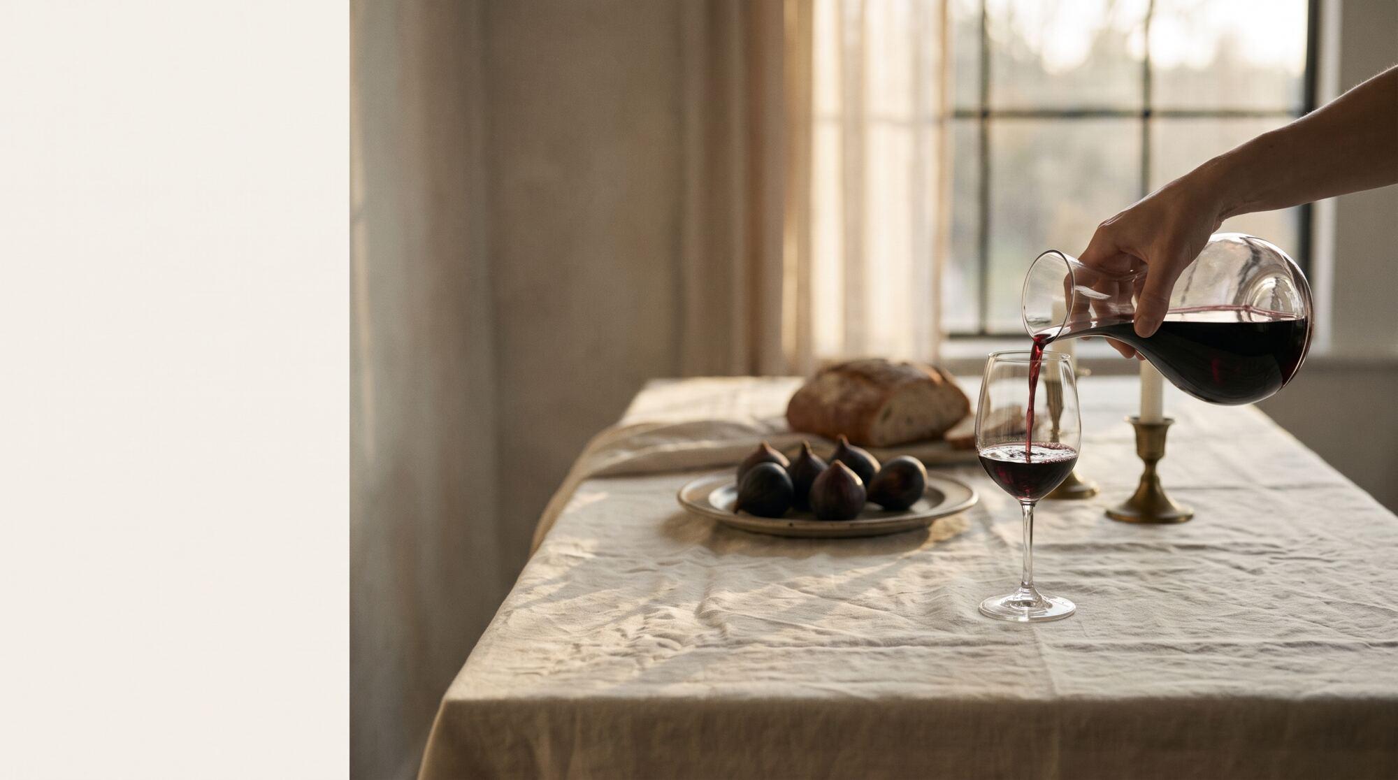 Vino tinto servido sobre una mesa con mantel de lino, pan e higos
