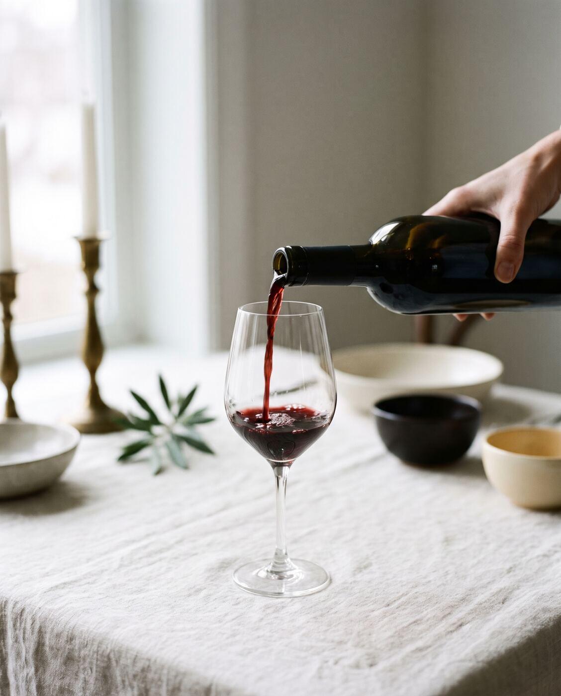 Vino tinto servido en una copa sobre lino